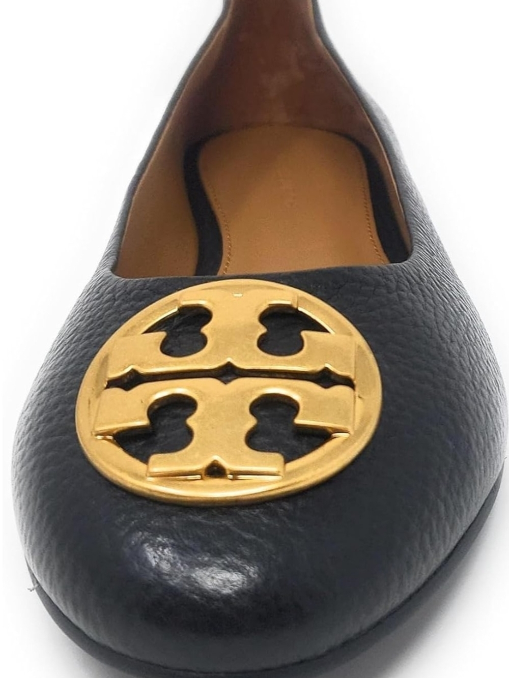 Tory Burch Chelsea Ballet Flats Black Pebbled Leather Gold Logo Size 5